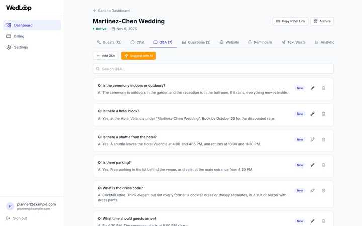 The knowledge base: Q&A pairs, written by hand or suggested by AI from the wedding website.