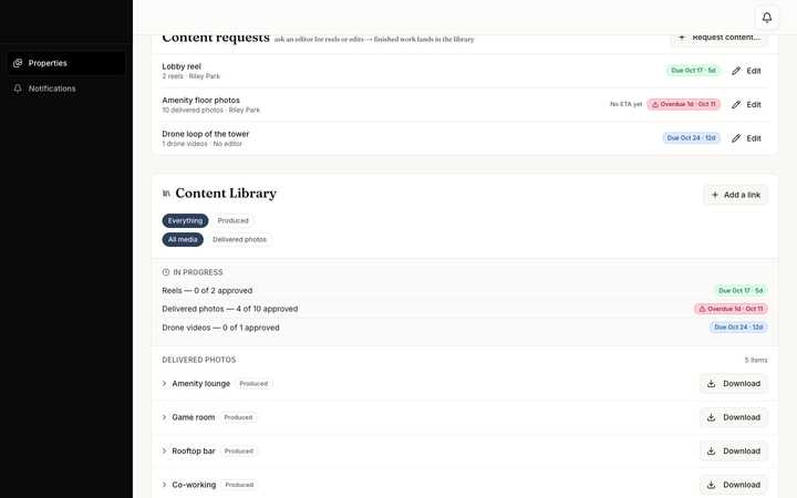 Content requests and the property's content library.