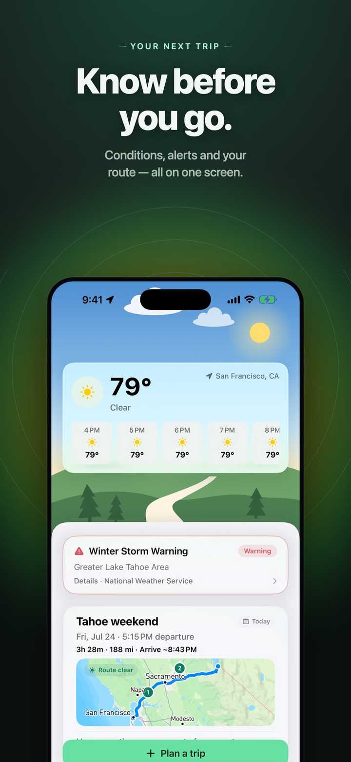 Home: conditions, alerts, and your next trip.