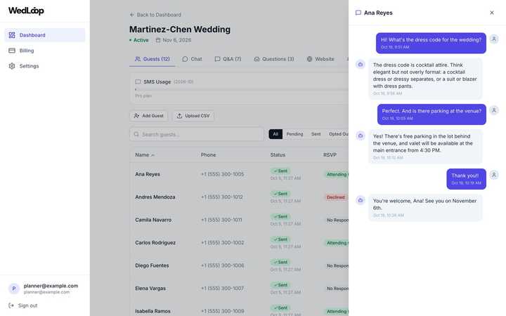 A guest's thread: questions answered from the couple's own wedding details, any hour.