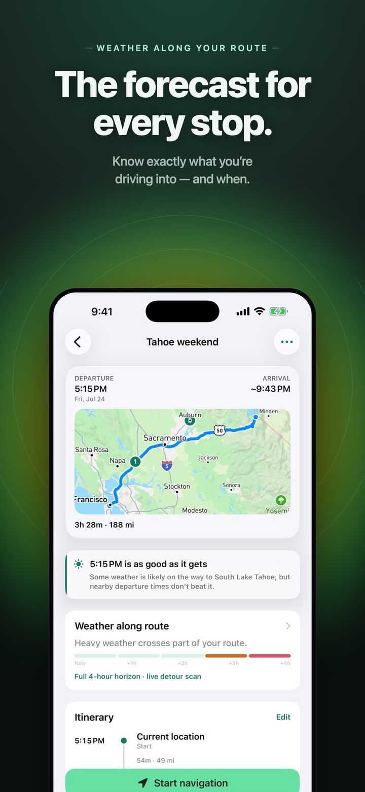 Trip detail: the best departure time, itinerary, and one-tap start.