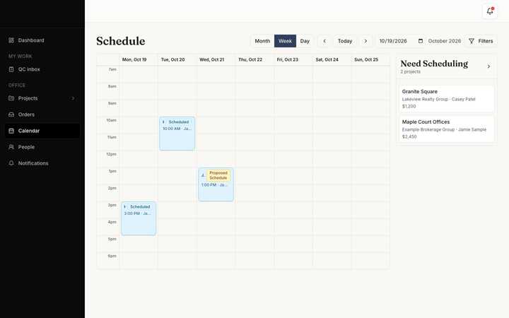 Scheduling: shoots on a calendar, with a rail of projects still waiting for a date.