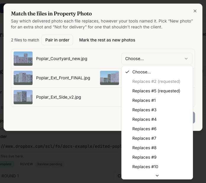 Matching revised files to the photos they replace, however the editor named them.