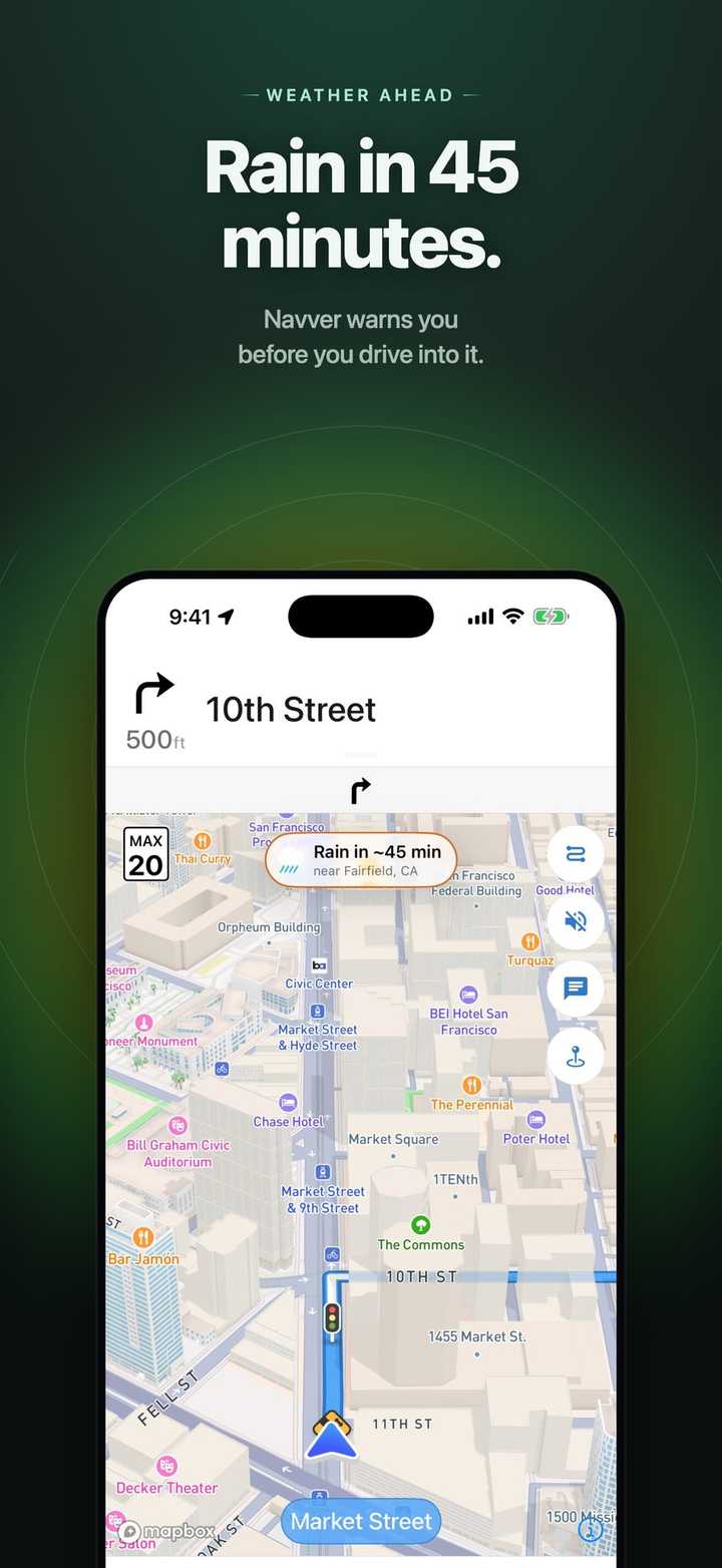 Turn-by-turn guidance with weather-ahead alerts.