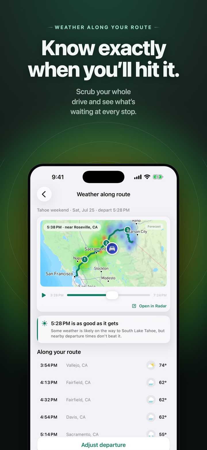 Weather along the route, scrubbable by departure time.