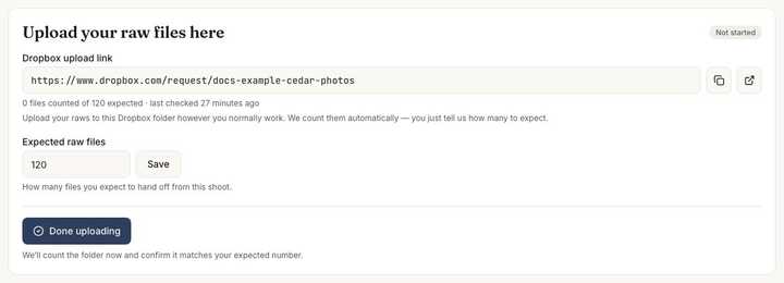 Raw-file hand-off: upload to Dropbox however you like, and the app counts the files.