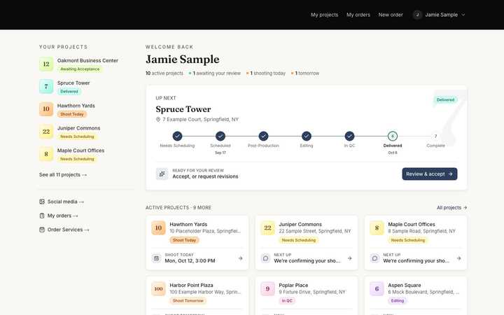 A client's view: live status on every project, and review and accept from one place. Built and pre-launch.