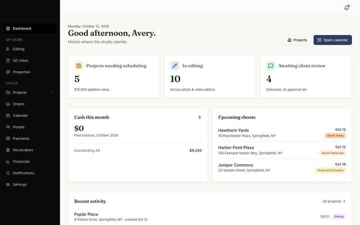Studio dashboard: what needs scheduling, what's in editing, what's waiting on the client, and cash this month.