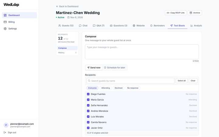 Text blasts to the whole list or a filtered slice, now or scheduled.