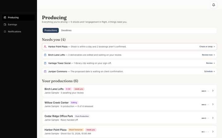 Producer view: a 'Needs you' queue, then every production in flight with its progress.