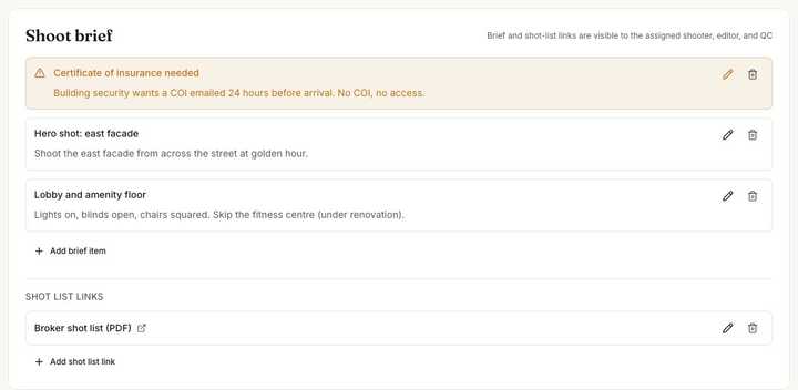 Shoot brief: site requirements and shot list, visible to the assigned crew and QC.