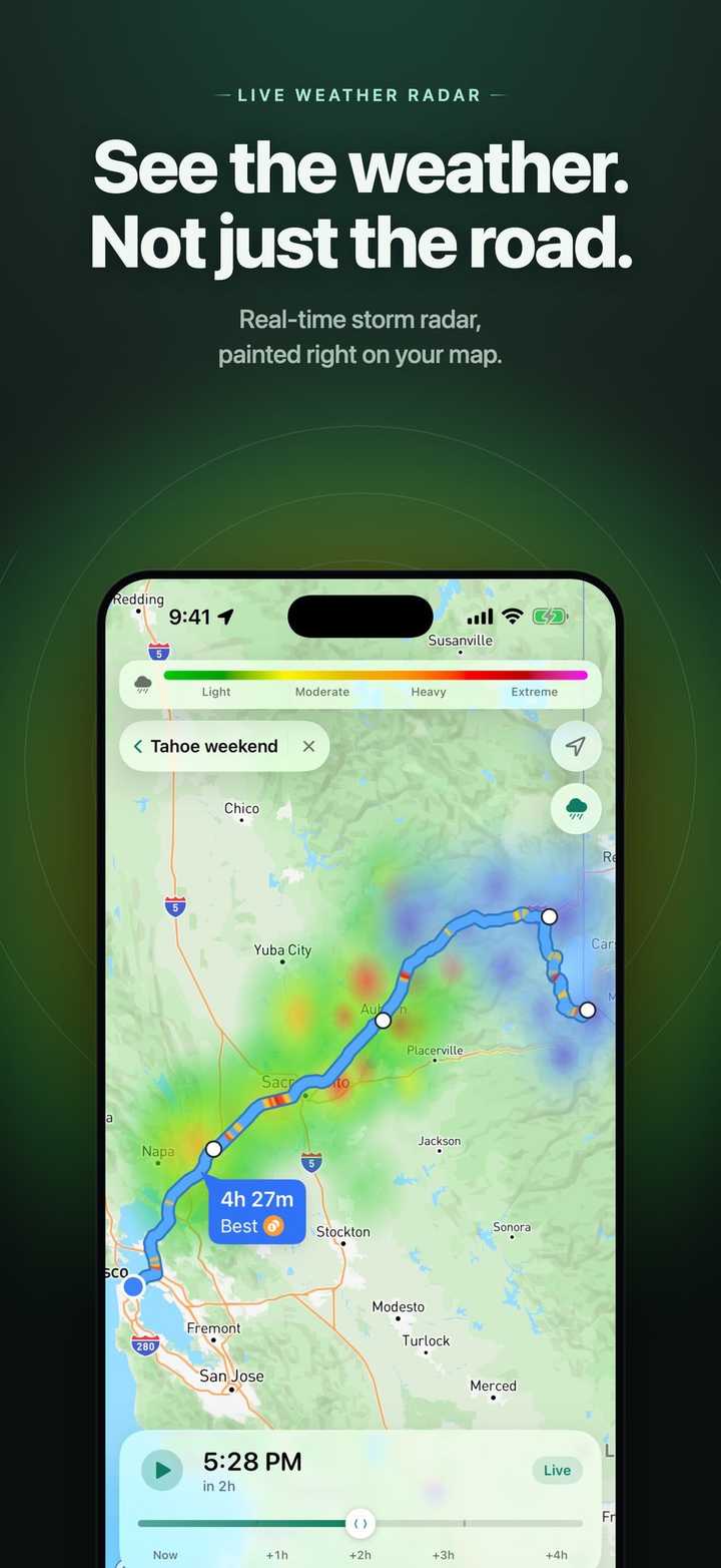 Live radar painted on the map.