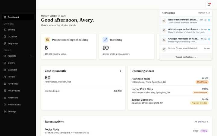 Real-time notifications for orders, add-ons, and client change requests.