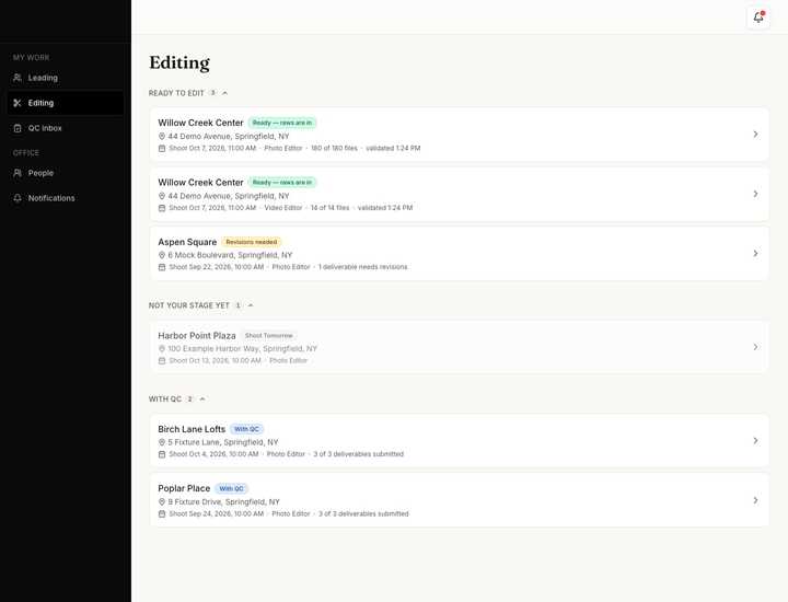 An editor's queue, grouped by what's ready to edit and what's with QC.
